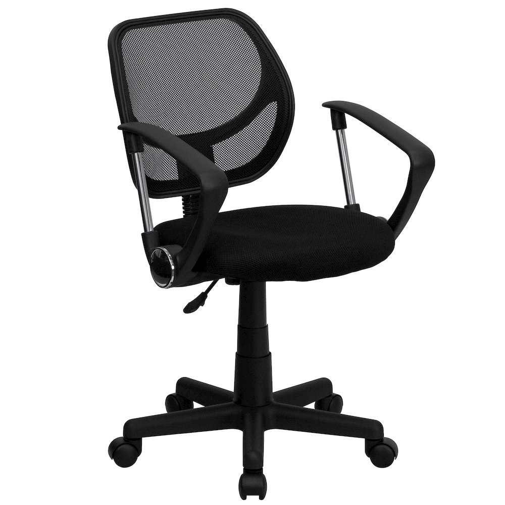 Low Back Black Mesh Swivel Task Office Chair with Curved Square Back and Arms. Picture 1
