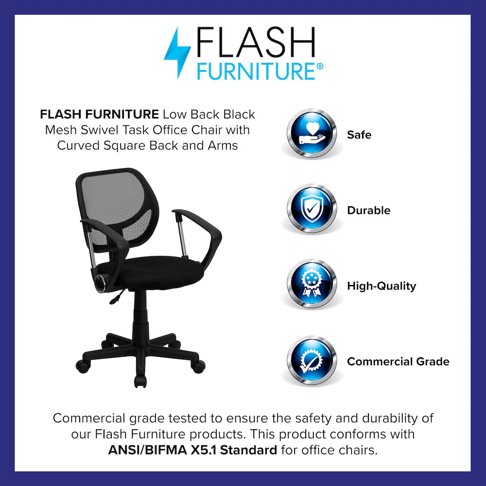Low Back Black Mesh Swivel Task Office Chair with Curved Square Back and Arms. Picture 4