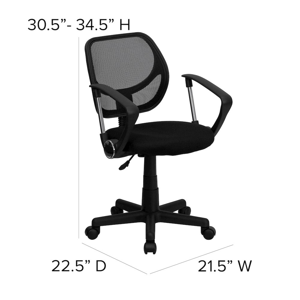 Low Back Black Mesh Swivel Task Office Chair with Curved Square Back and Arms. Picture 6
