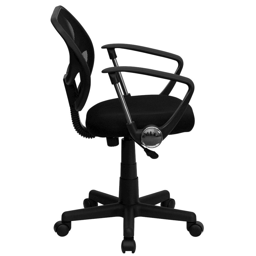 Low Back Black Mesh Swivel Task Office Chair with Curved Square Back and Arms. Picture 9