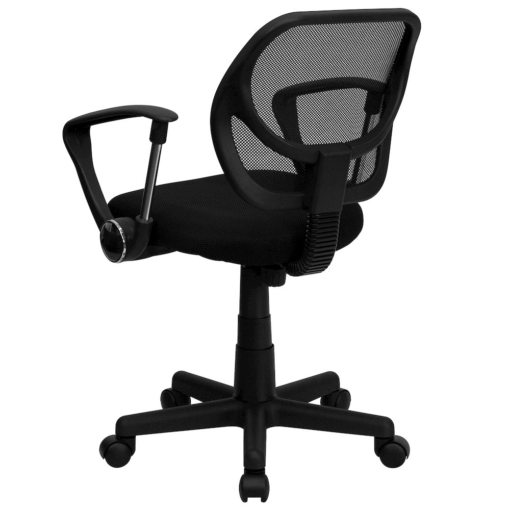 Low Back Black Mesh Swivel Task Office Chair with Curved Square Back and Arms. Picture 7