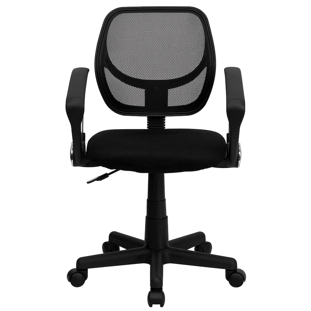 Low Back Black Mesh Swivel Task Office Chair with Curved Square Back and Arms. Picture 10