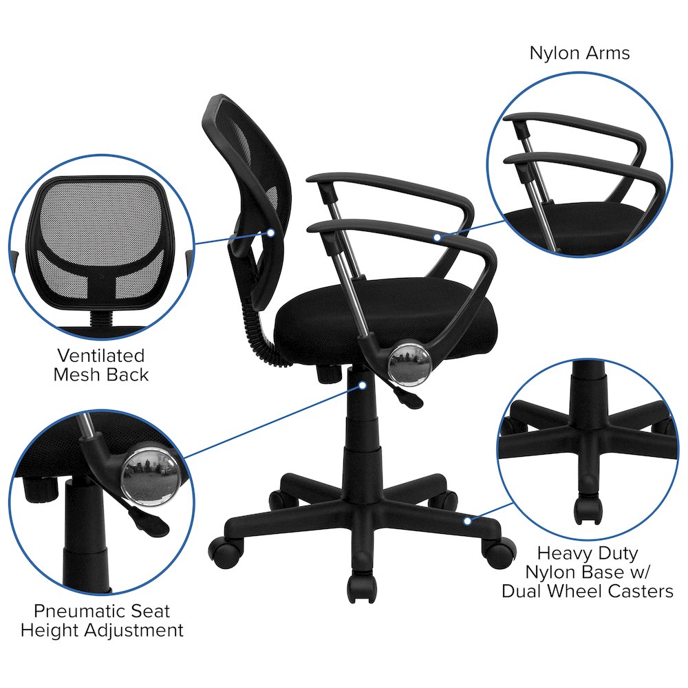 Low Back Black Mesh Swivel Task Office Chair with Curved Square Back and Arms. Picture 5