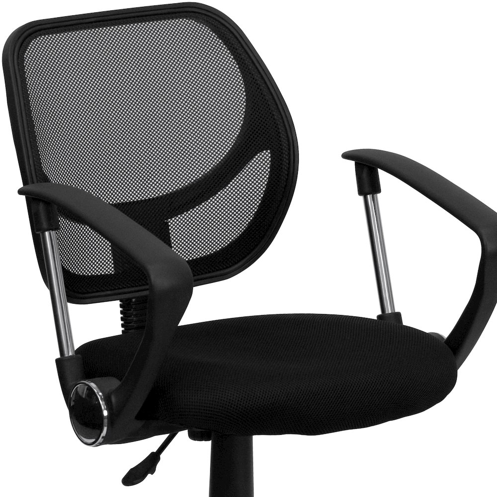 Low Back Black Mesh Swivel Task Office Chair with Curved Square Back and Arms. Picture 11
