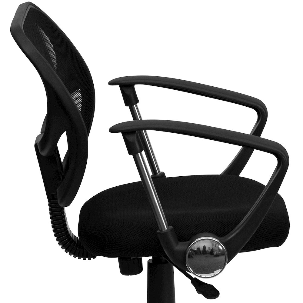 Low Back Black Mesh Swivel Task Office Chair with Curved Square Back and Arms. Picture 8