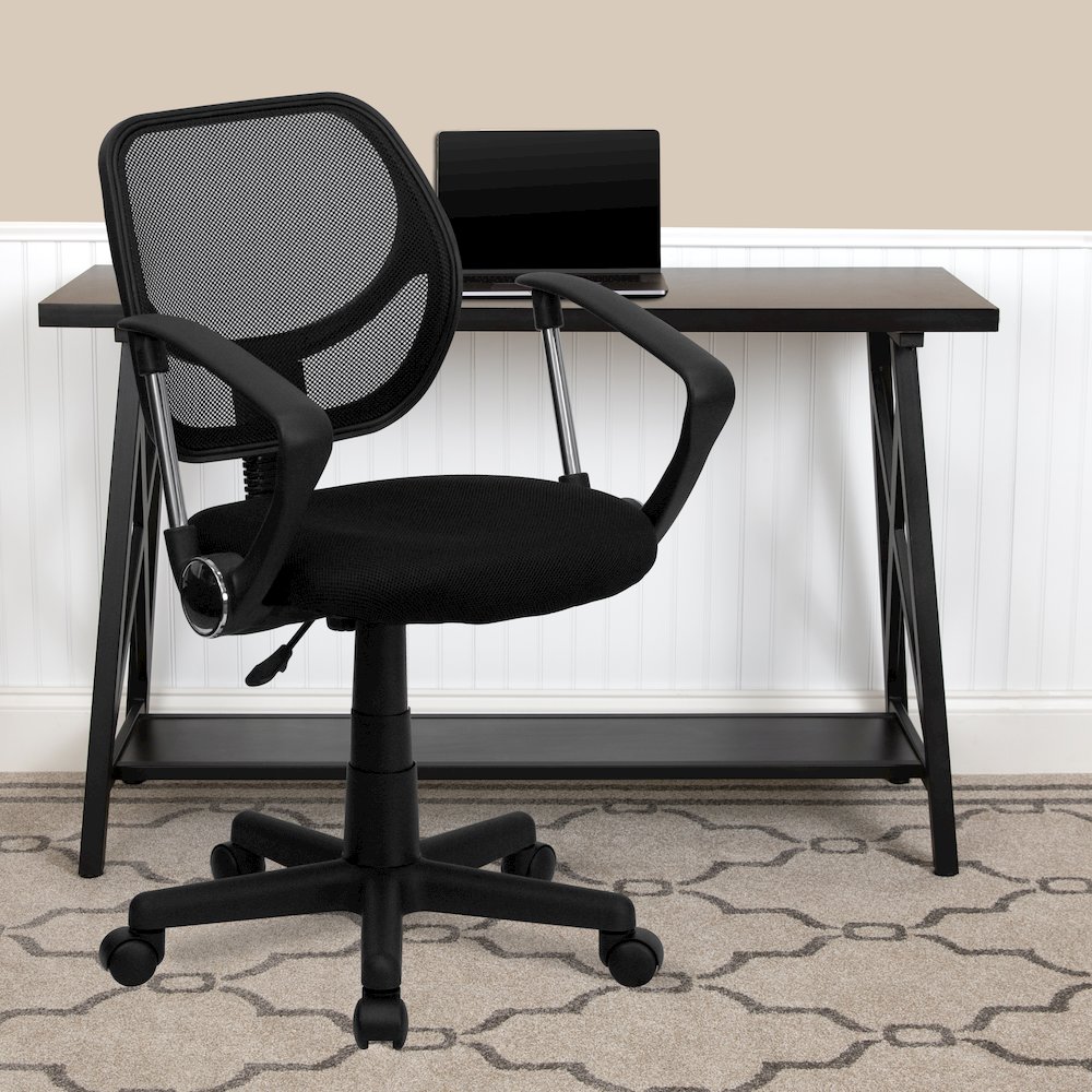 Low Back Black Mesh Swivel Task Office Chair with Curved Square Back and Arms. Picture 2