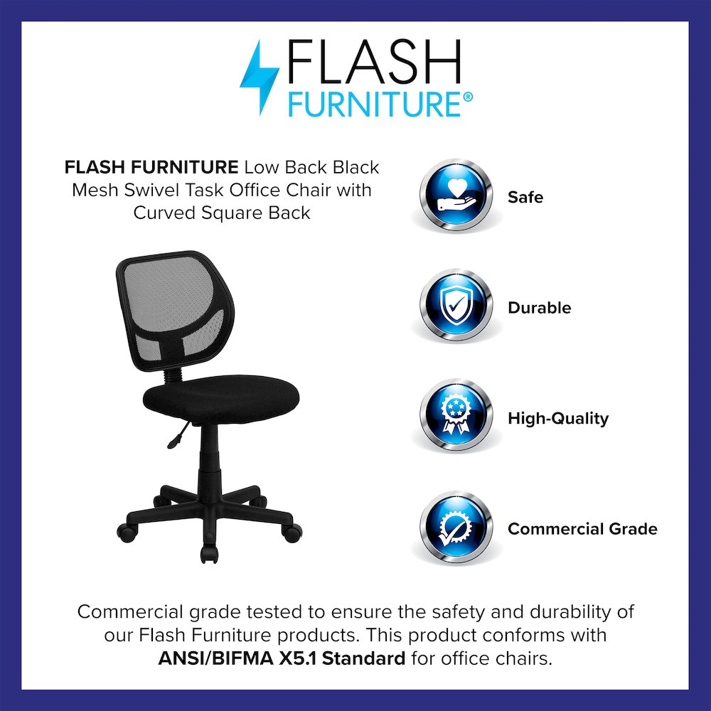 Low Back Black Mesh Swivel Task Office Chair with Curved Square Back. Picture 4