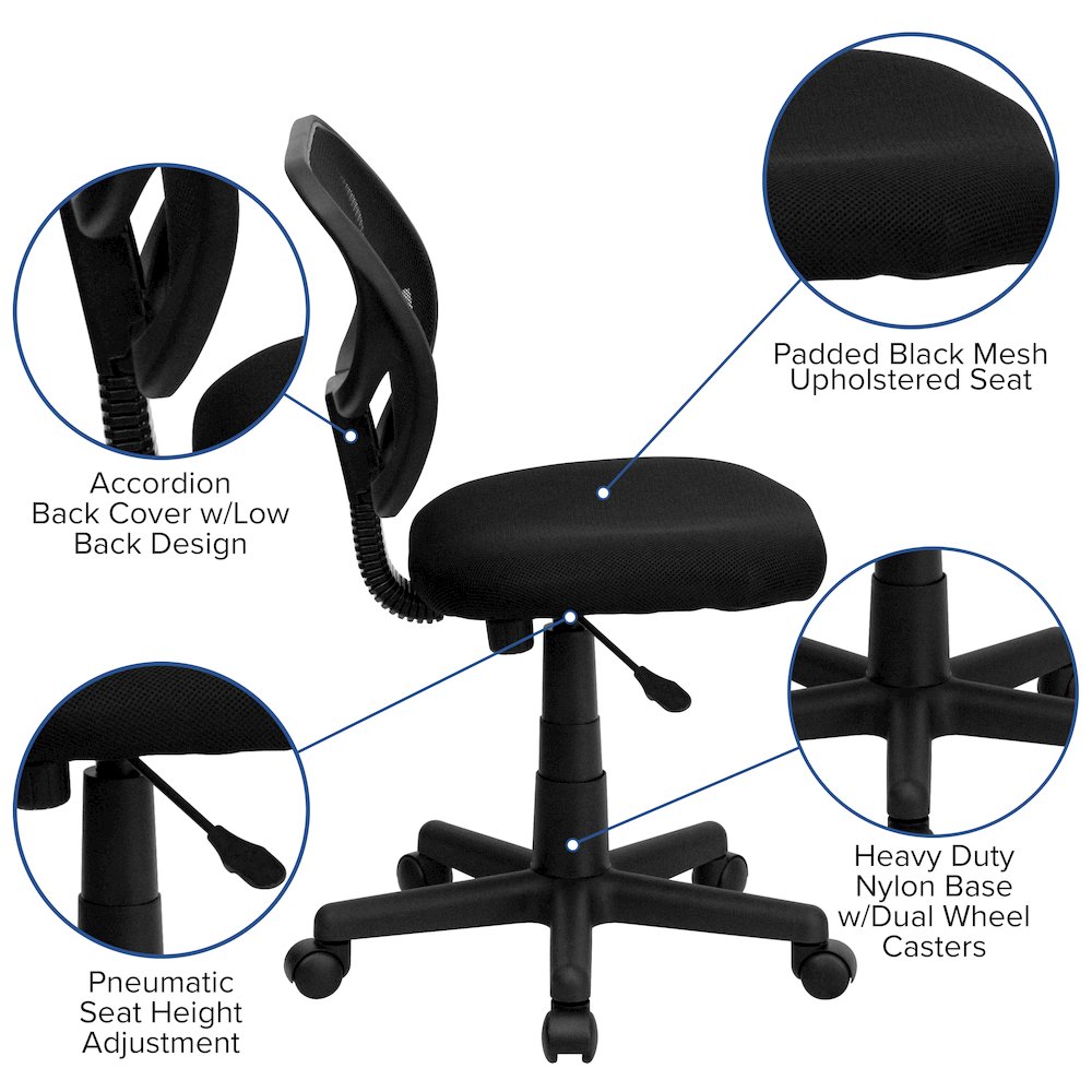 Low Back Black Mesh Swivel Task Office Chair with Curved Square Back. Picture 6