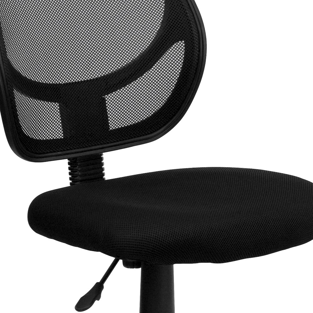 Low Back Black Mesh Swivel Task Office Chair with Curved Square Back. Picture 12