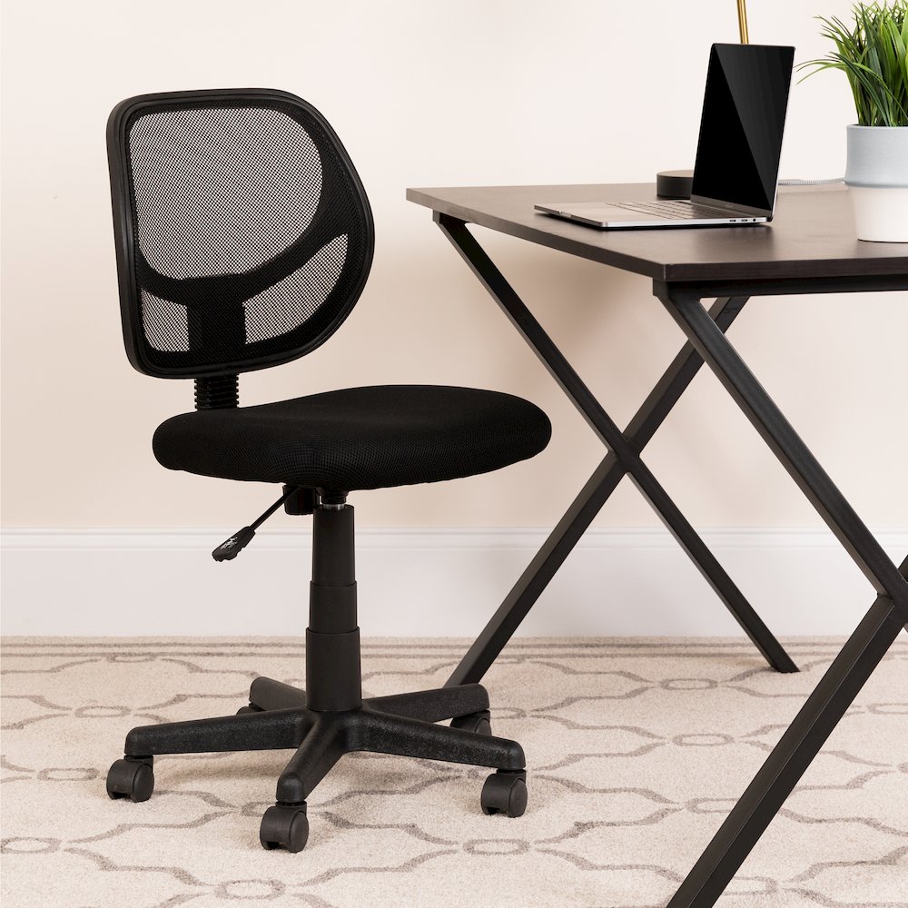 Low Back Black Mesh Swivel Task Office Chair with Curved Square Back. Picture 2