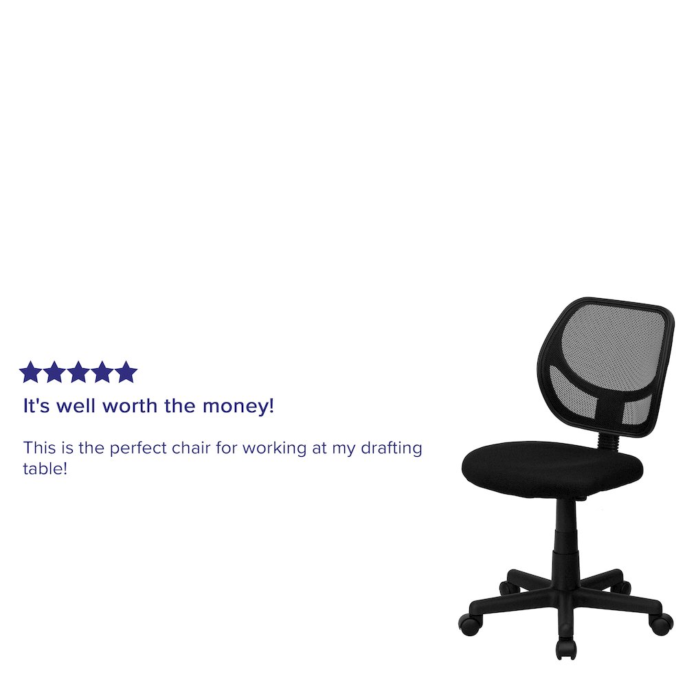 Low Back Black Mesh Swivel Task Office Chair with Curved Square Back. Picture 5