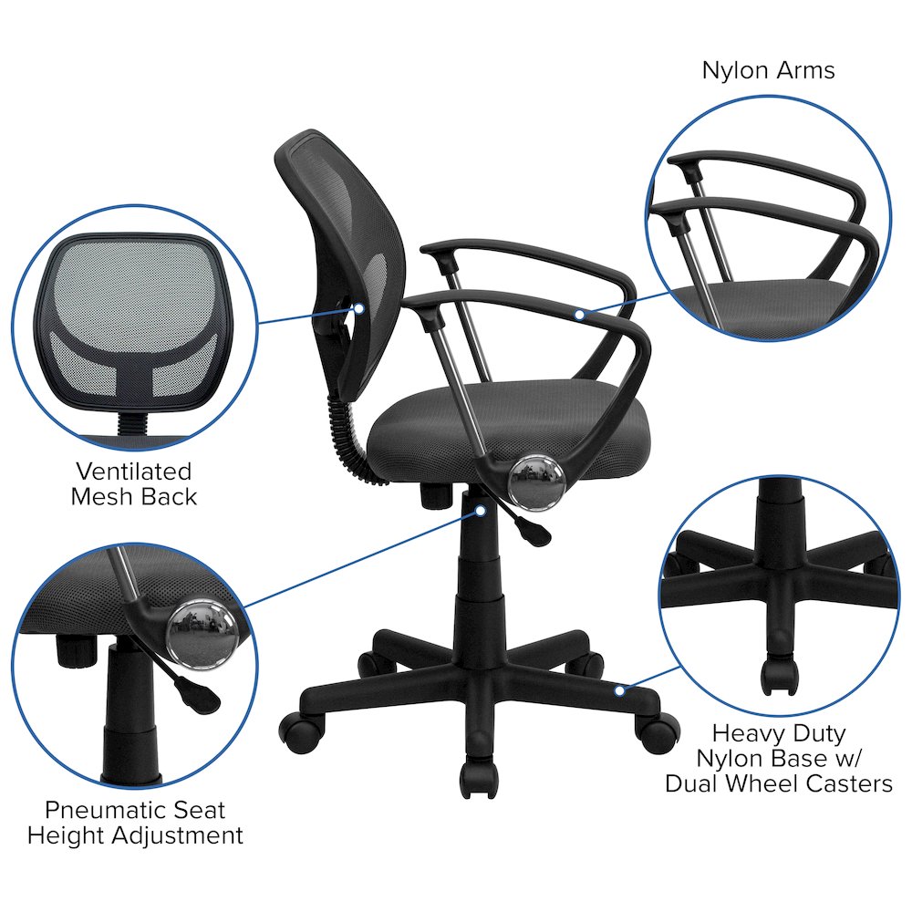 Low Back Gray Mesh Swivel Task Office Chair with Arms. Picture 5