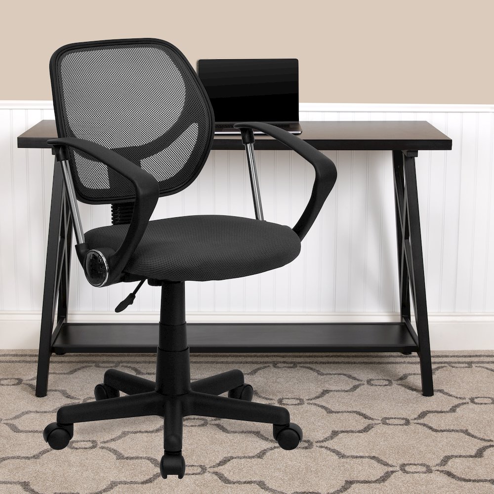 Low Back Gray Mesh Swivel Task Office Chair with Arms. Picture 2
