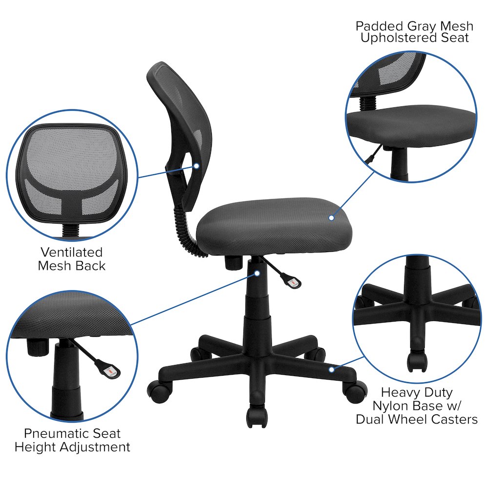 Low Back Gray Mesh Swivel Task Office Chair with Curved Square Back. Picture 6