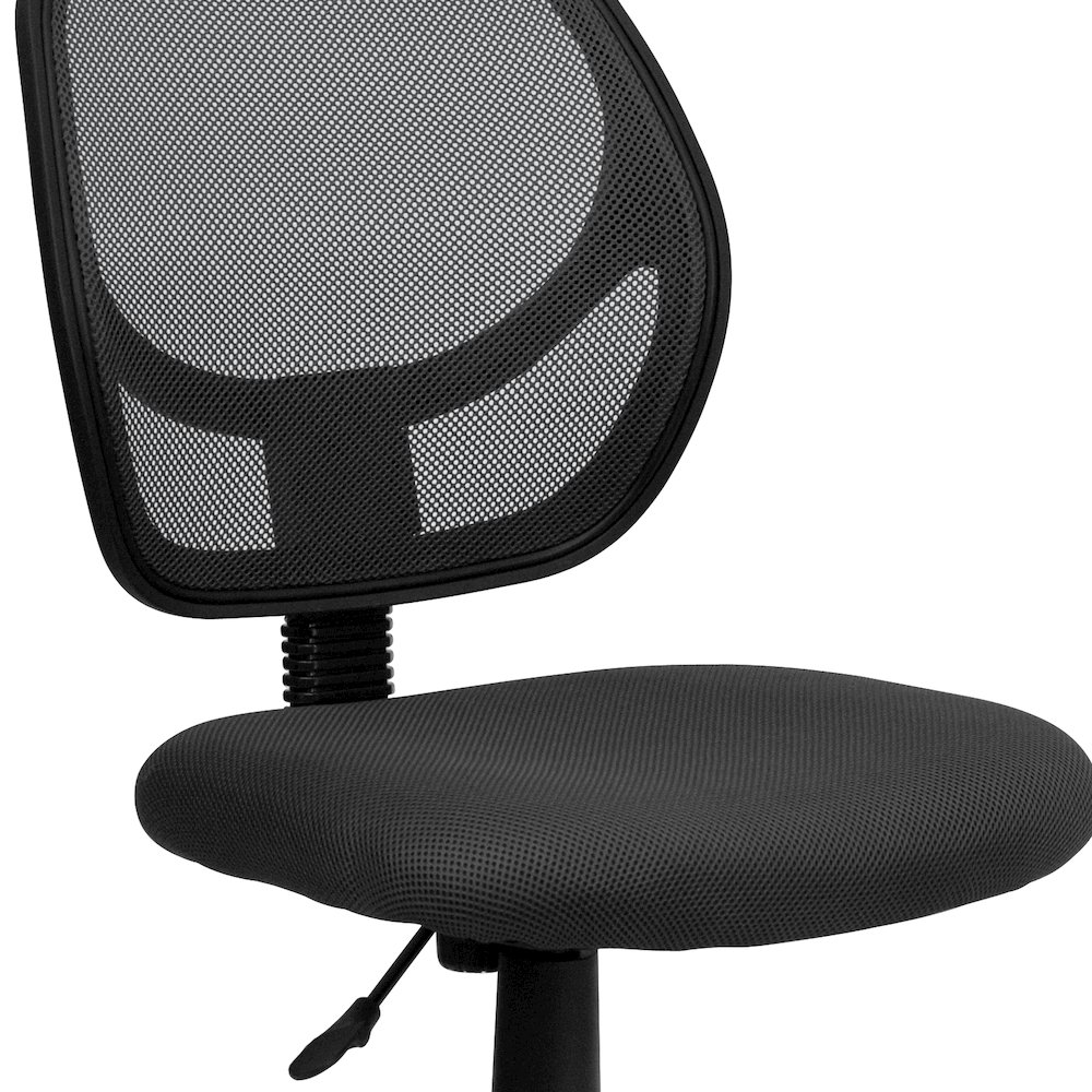 Low Back Gray Mesh Swivel Task Office Chair with Curved Square Back. Picture 12