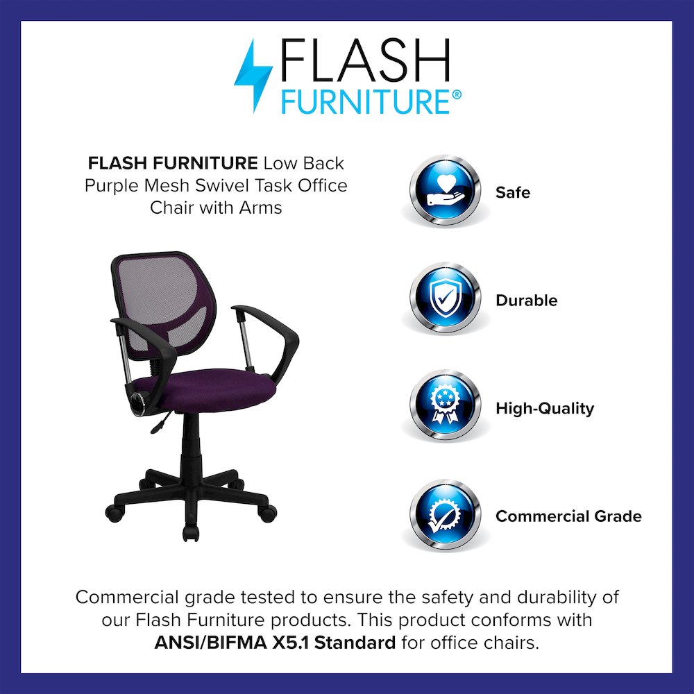 Low Back Purple Mesh Swivel Task Office Chair with Arms. Picture 4