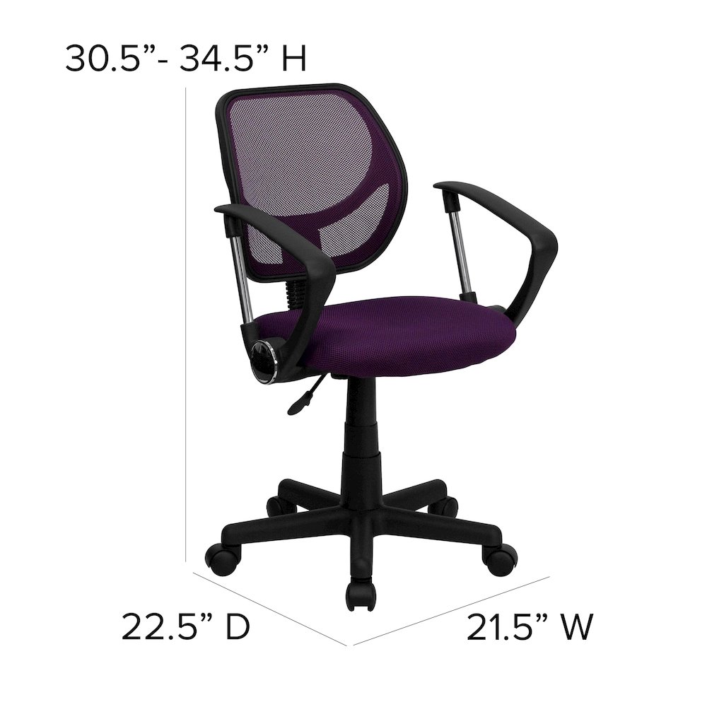 Low Back Purple Mesh Swivel Task Office Chair with Arms. Picture 6