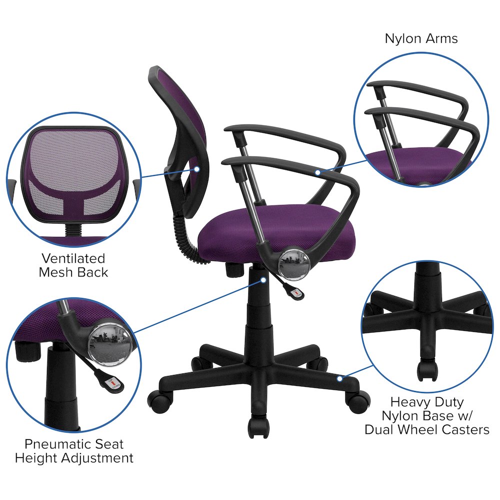 Low Back Purple Mesh Swivel Task Office Chair with Arms. Picture 5