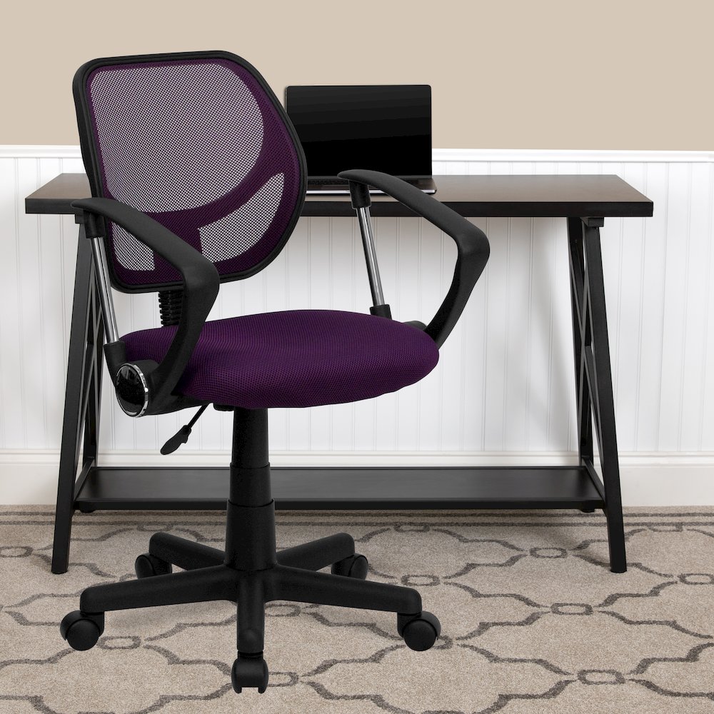 Low Back Purple Mesh Swivel Task Office Chair with Arms. Picture 2