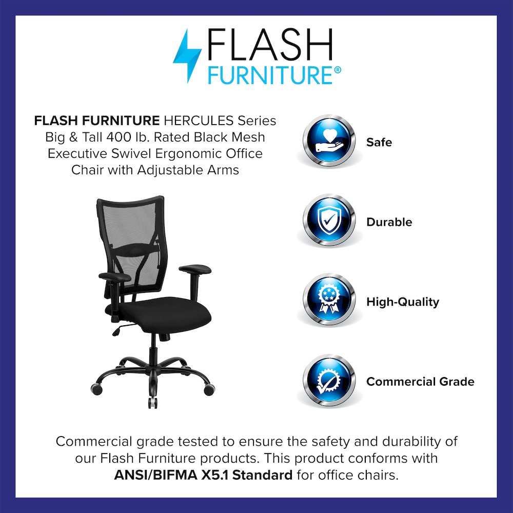400 lb. Rated Black Mesh Executive Swivel Office Chair with Adjustable Arms. Picture 4