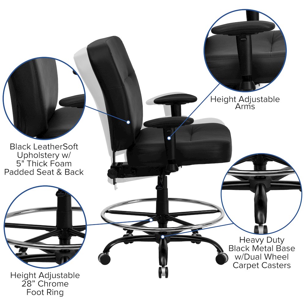 Big & Tall 400 lb. Rated Black Ergonomic Drafting Chair with Adjustable Arms. Picture 5