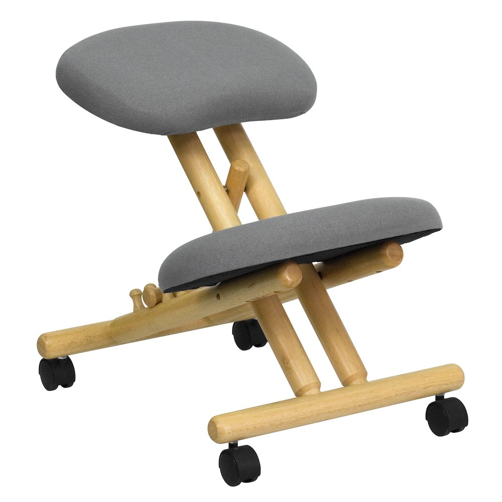 Mobile Wooden Ergonomic Kneeling Office Chair in Gray Fabric. Picture 1