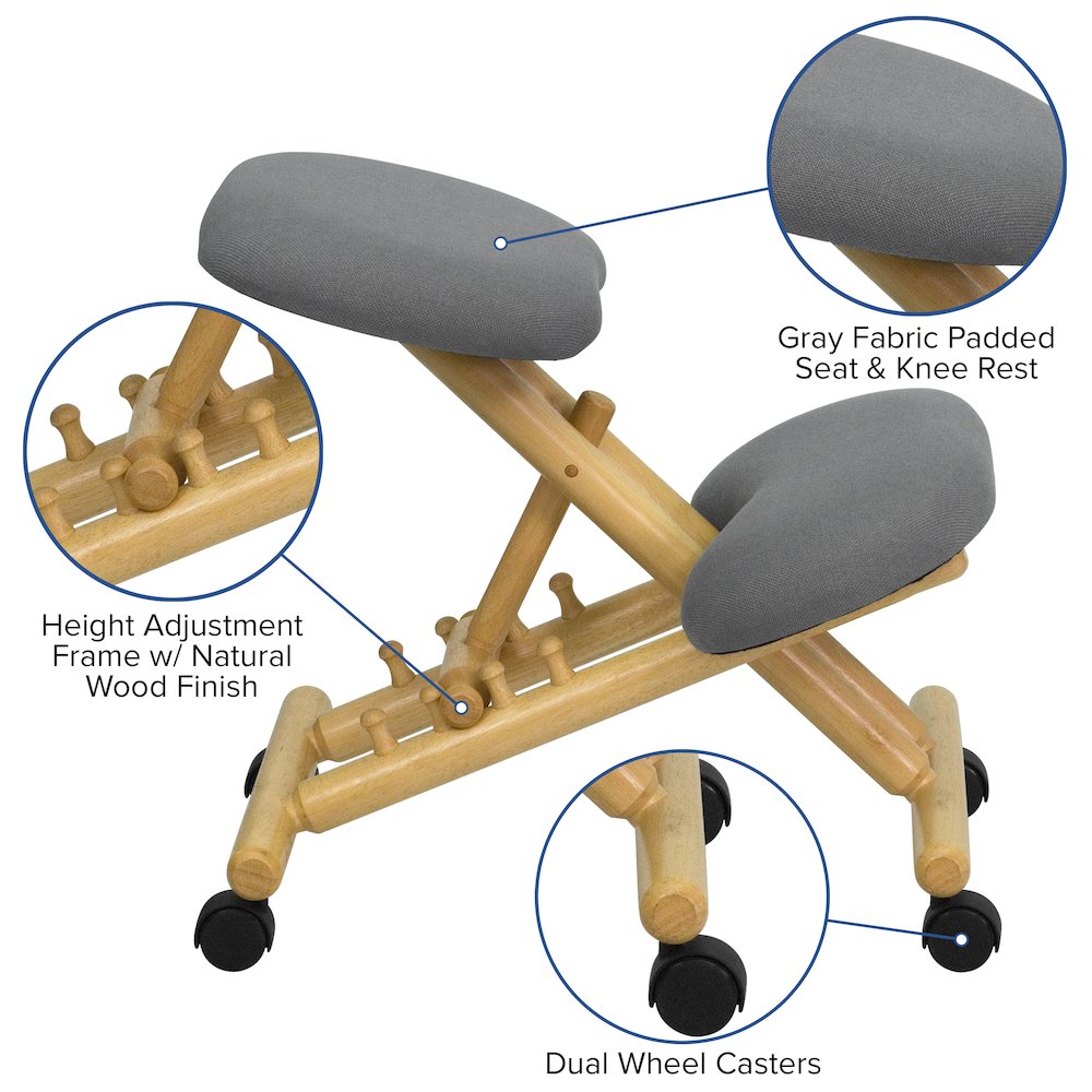 Mobile Wooden Ergonomic Kneeling Office Chair in Gray Fabric. Picture 5