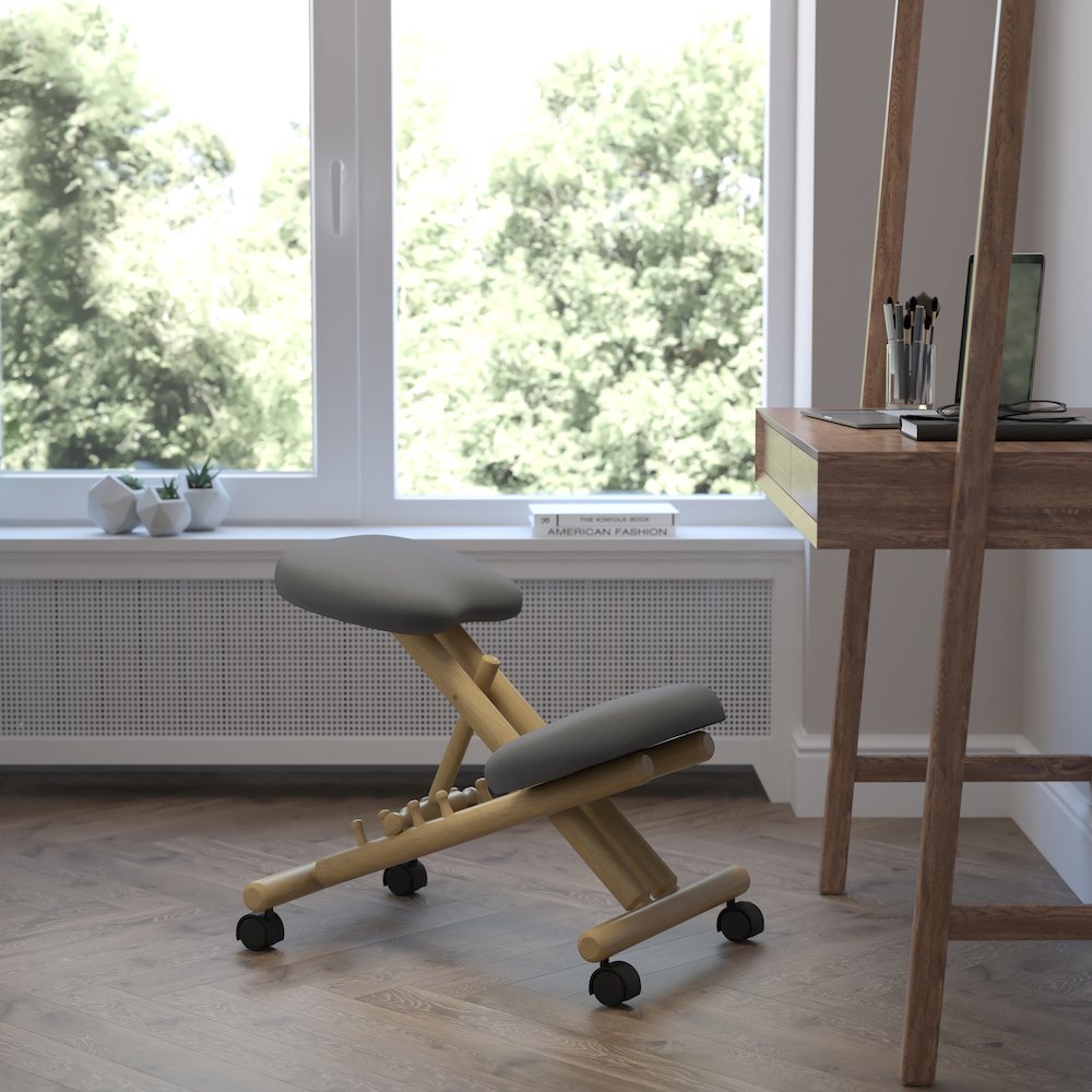 Mobile Wooden Ergonomic Kneeling Office Chair in Gray Fabric. Picture 6