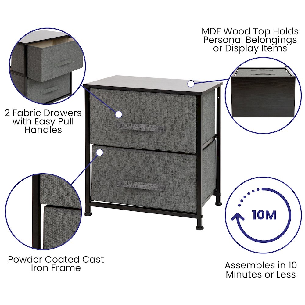 2 Drawer Wood Top Black Nightstand Storage Organizer. Picture 4