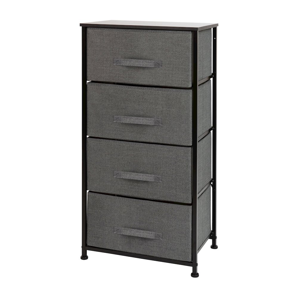 4 Drawer Wood Top BlackFrame Vertical Storage Dresser with Dark Gray Drawers. Picture 1