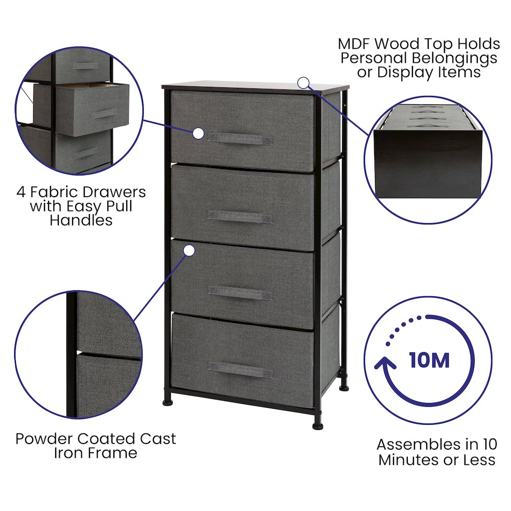 4 Drawer Wood Top BlackFrame Vertical Storage Dresser with Dark Gray Drawers. Picture 4