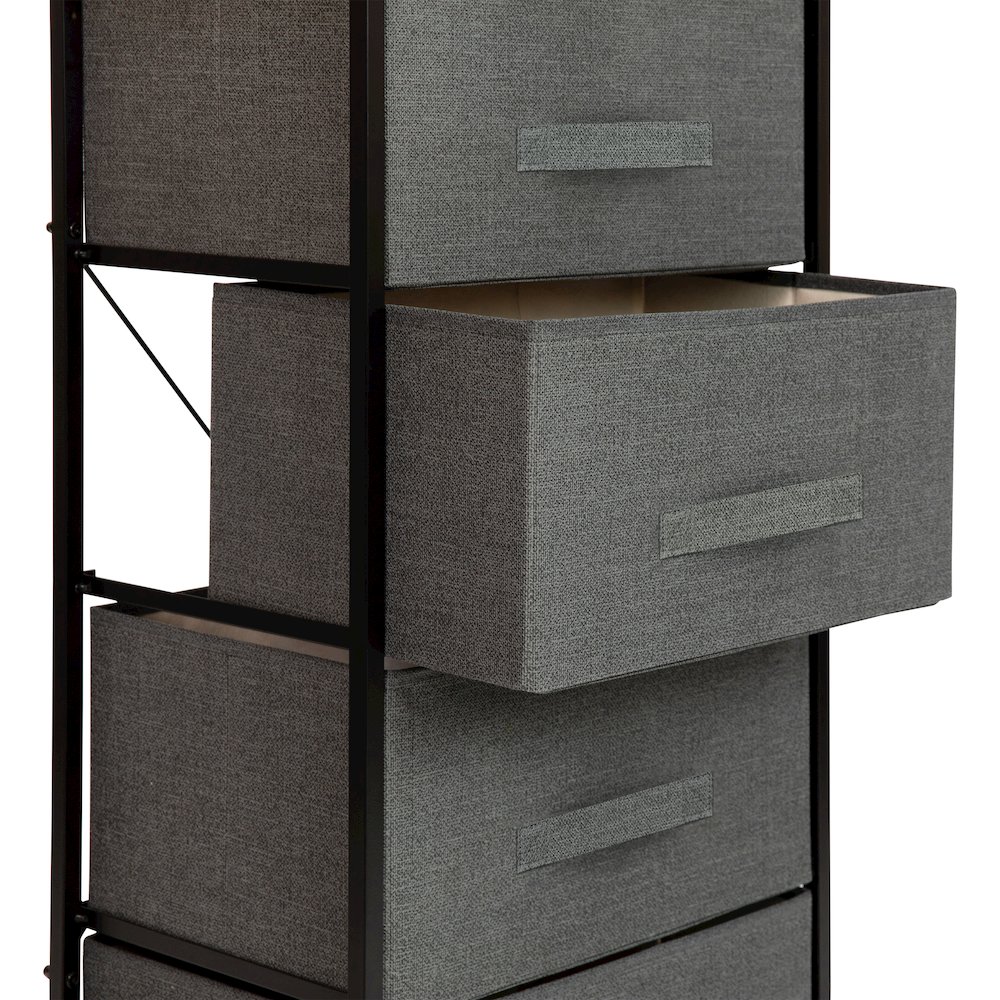 4 Drawer Wood Top BlackFrame Vertical Storage Dresser with Dark Gray Drawers. Picture 7