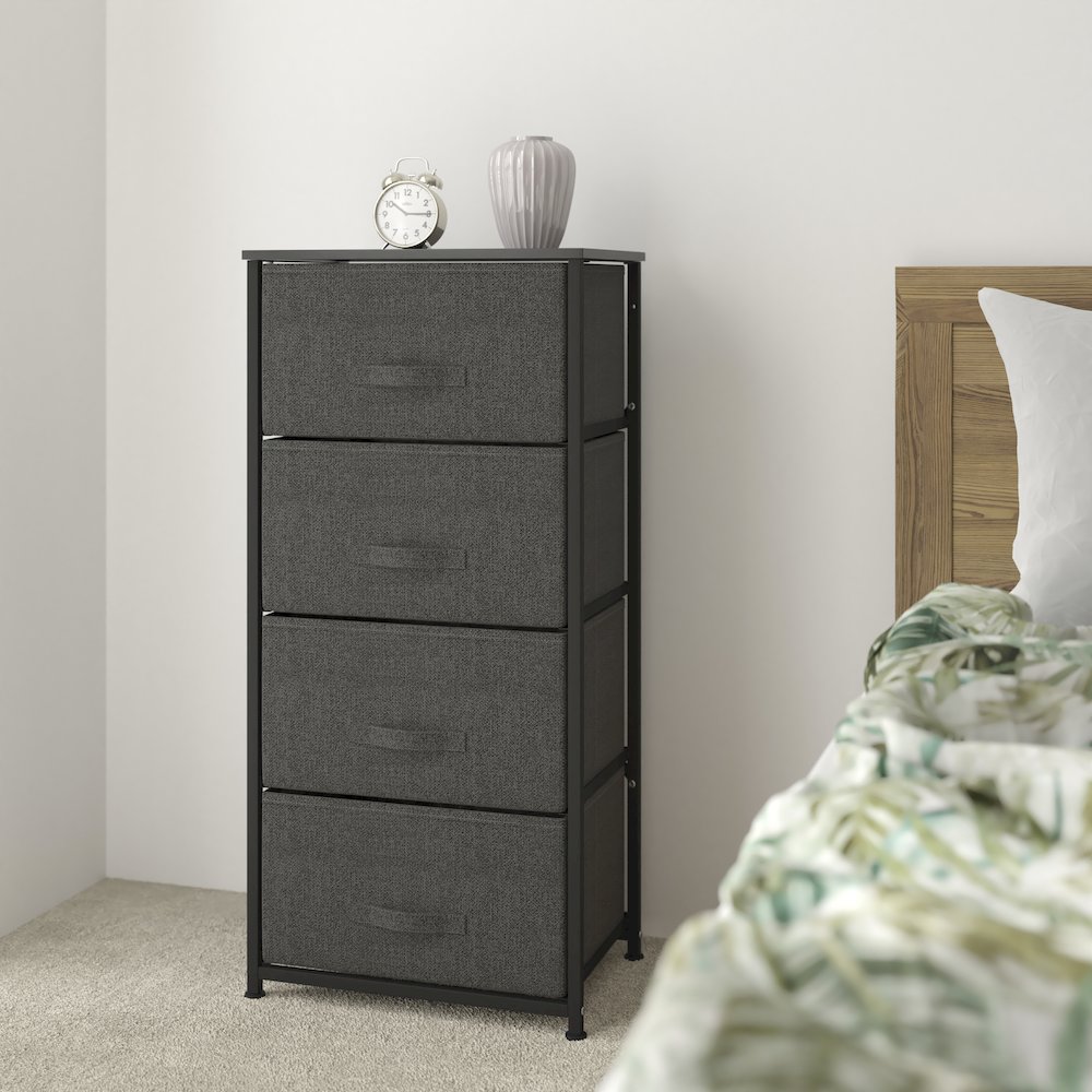 4 Drawer Wood Top BlackFrame Vertical Storage Dresser with Dark Gray Drawers. Picture 2