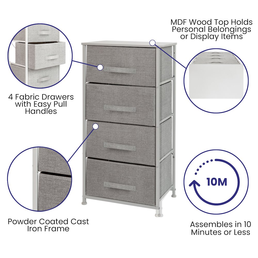 4 Drawer Wood Top WhiteFrame Vertical Storage Dresser with Light Gray Drawers. Picture 4