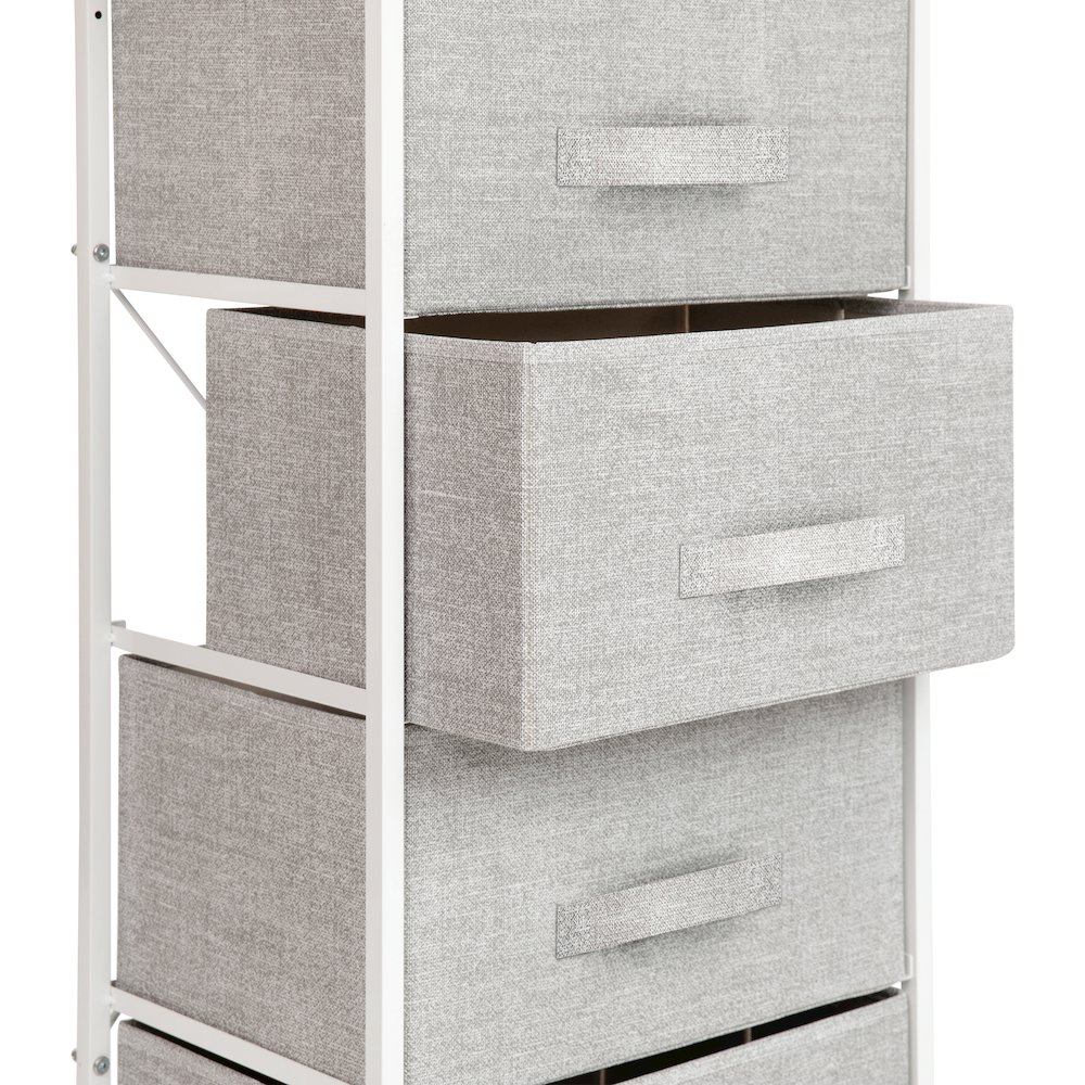 4 Drawer Wood Top WhiteFrame Vertical Storage Dresser with Light Gray Drawers. Picture 7
