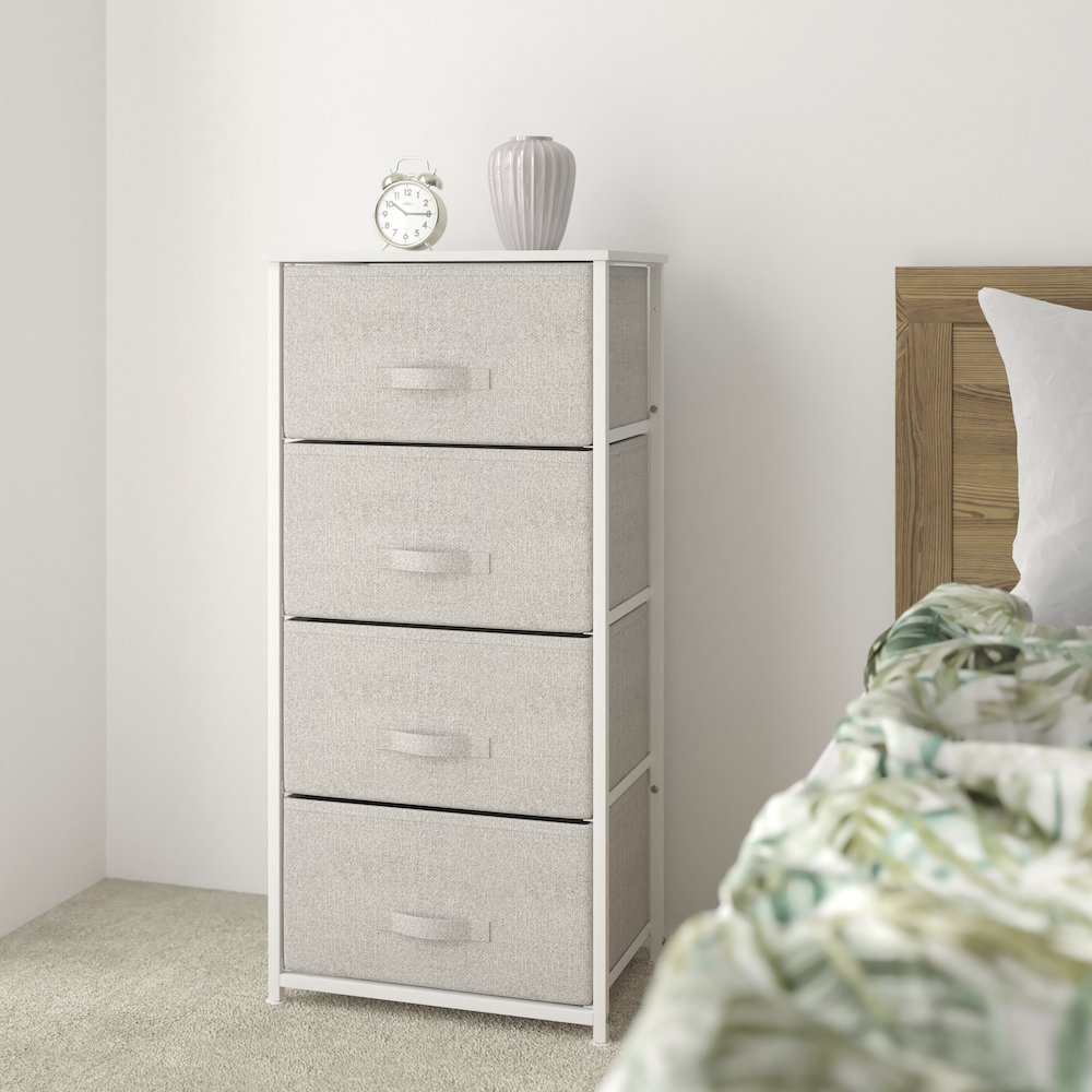 4 Drawer Wood Top WhiteFrame Vertical Storage Dresser with Light Gray Drawers. Picture 2