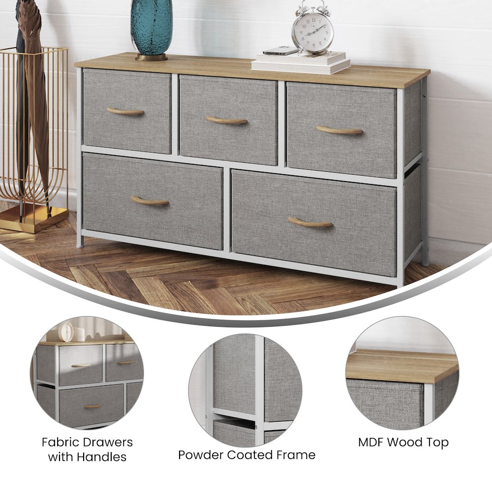 5 Drawer Dresser Storage Organizer, Beige Drawers/White Frame. Picture 4