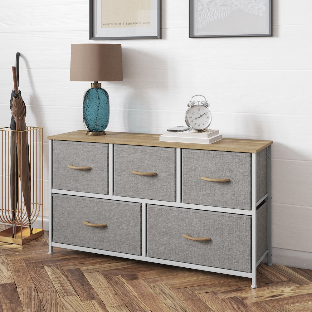 5 Drawer Dresser Storage Organizer, Beige Drawers/White Frame. Picture 3