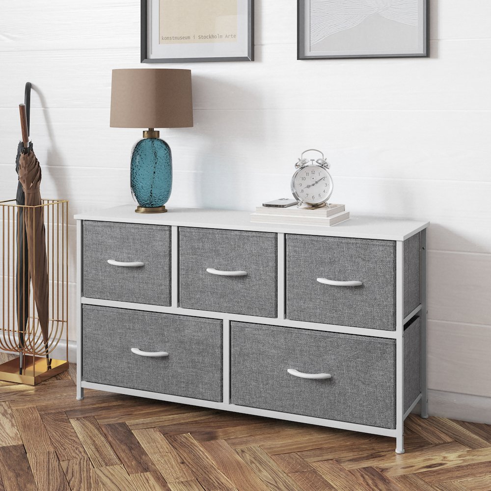 5 Drawer Dresser Storage Organizer, Gray Drawers/White Frame. Picture 3