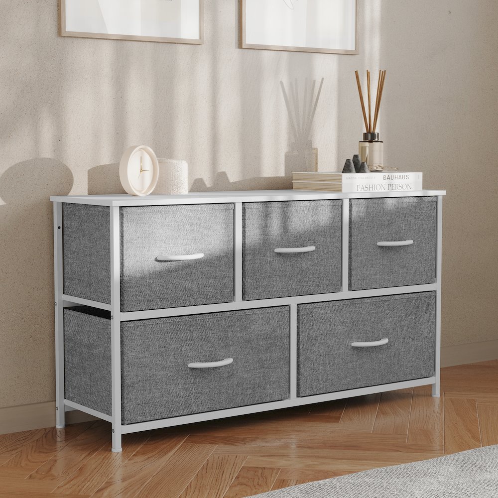 5 Drawer Dresser Storage Organizer, Gray Drawers/White Frame. Picture 6