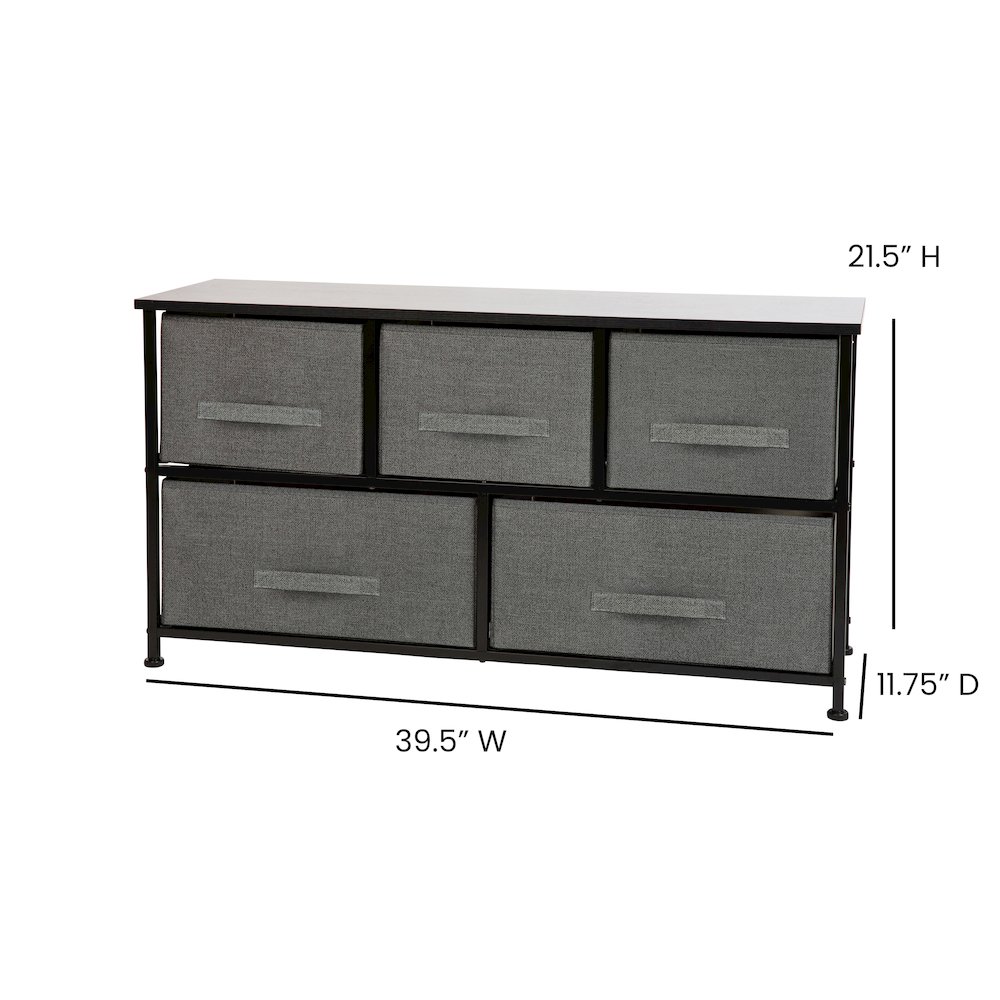 5 Drawer Wood Top BlackFrame Vertical Storage Dresser with Dark Gray Drawers. Picture 5
