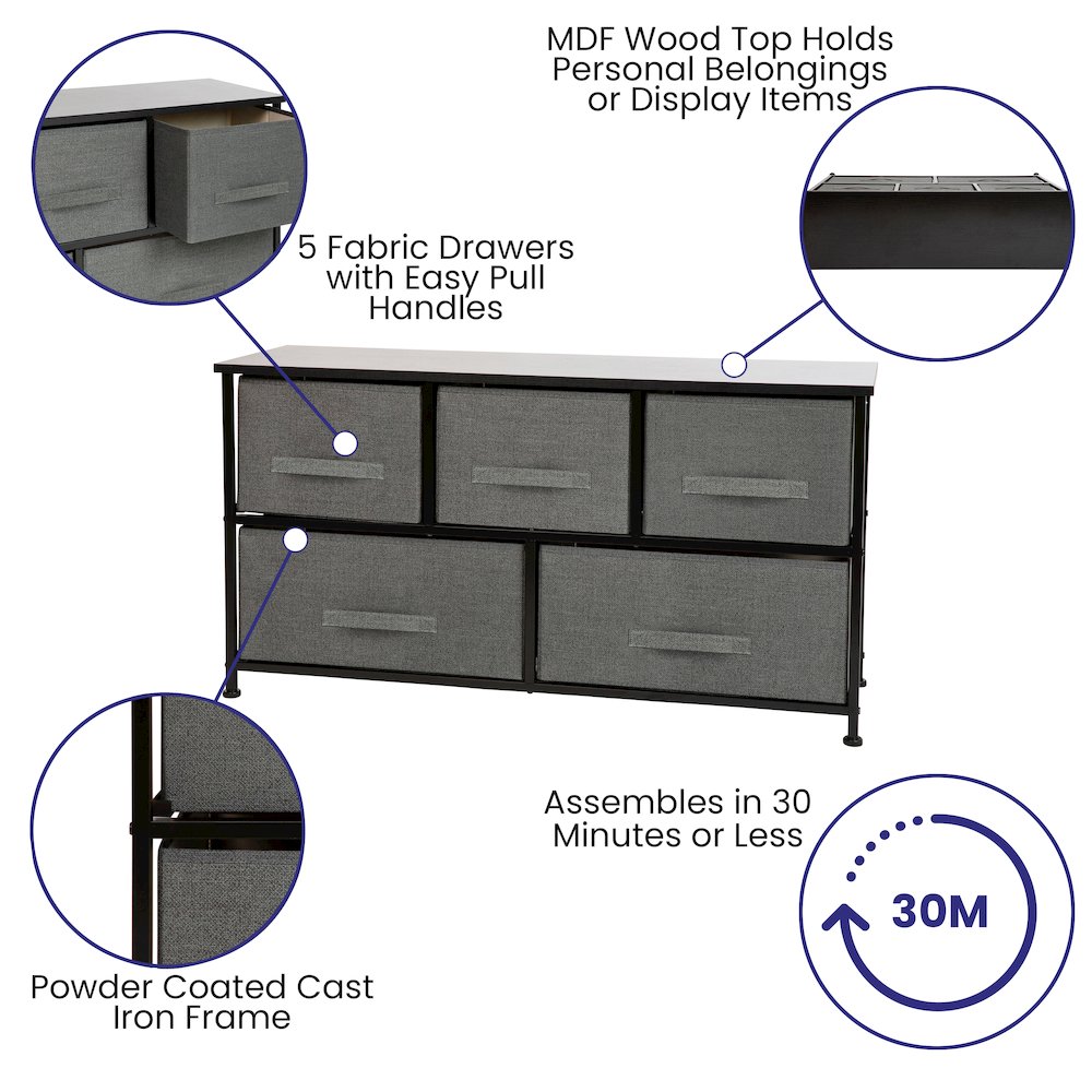 5 Drawer Wood Top BlackFrame Vertical Storage Dresser with Dark Gray Drawers. Picture 4
