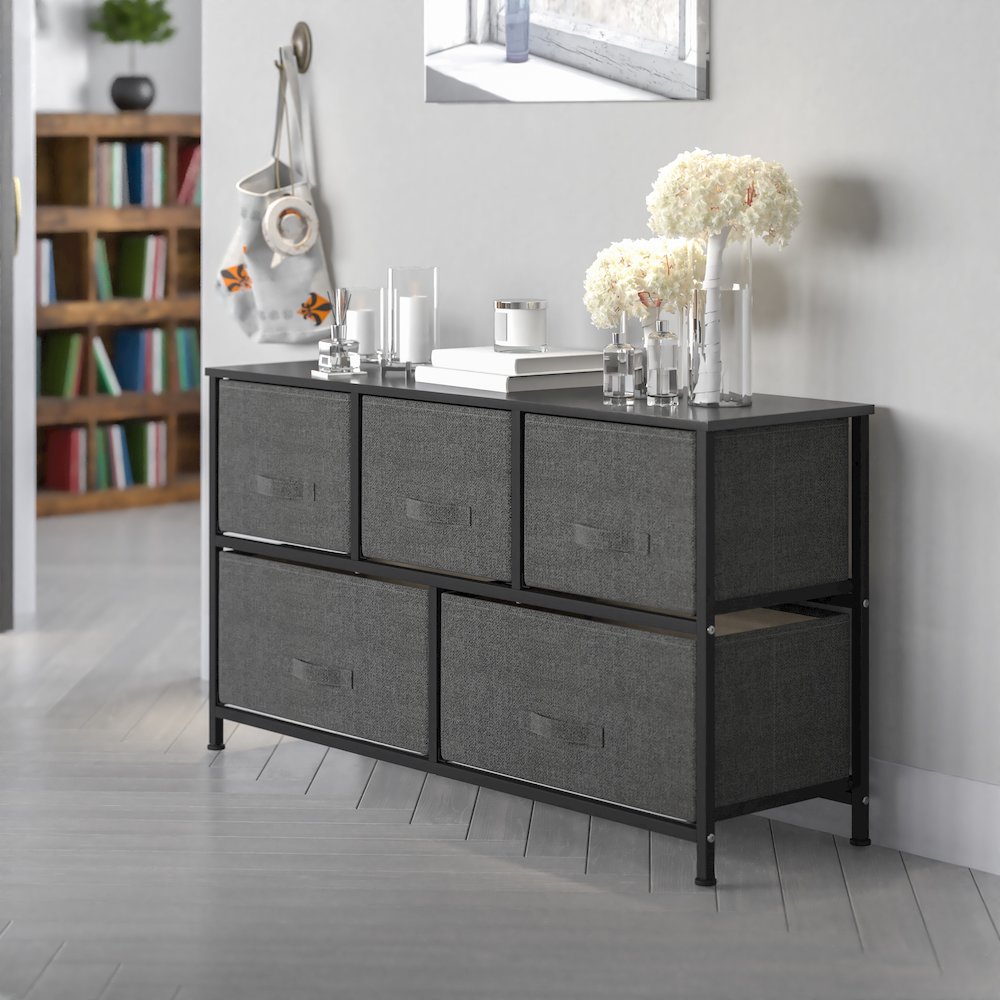 5 Drawer Wood Top BlackFrame Vertical Storage Dresser with Dark Gray Drawers. Picture 2