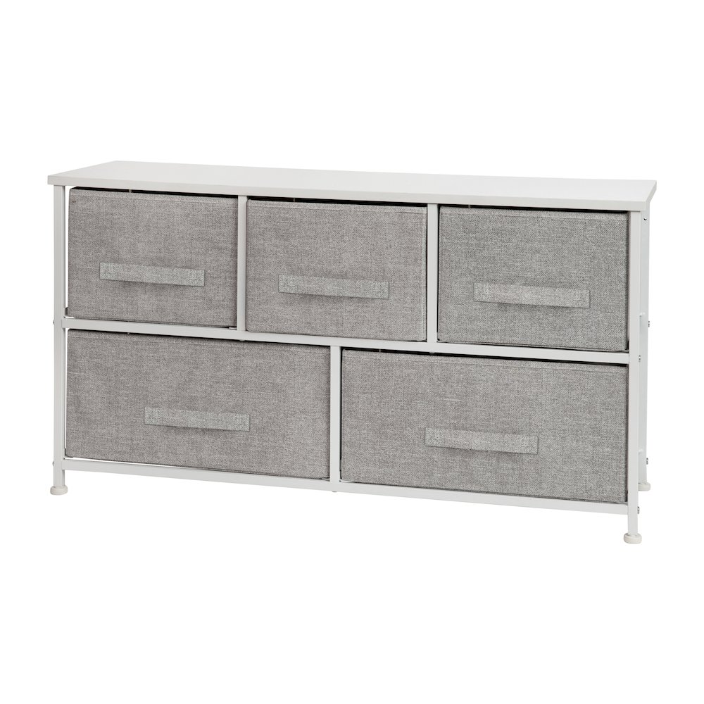 5 Drawer Wood Top WhiteFrame Vertical Storage Dresser with Light Gray Drawers. Picture 1
