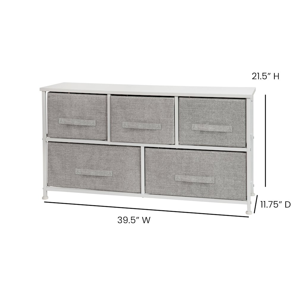 5 Drawer Wood Top WhiteFrame Vertical Storage Dresser with Light Gray Drawers. Picture 5