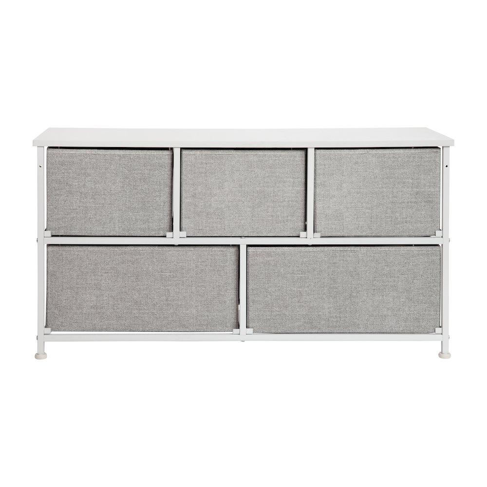5 Drawer Wood Top WhiteFrame Vertical Storage Dresser with Light Gray Drawers. Picture 6