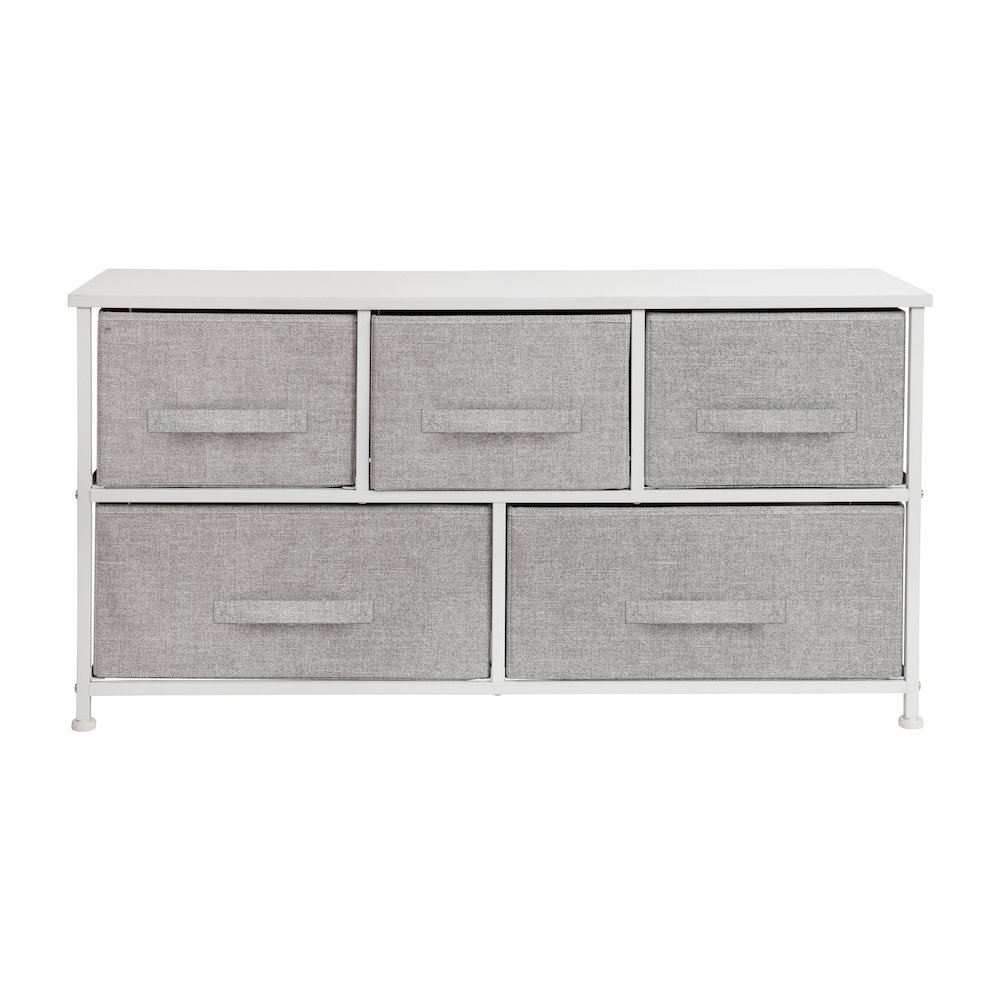 5 Drawer Wood Top WhiteFrame Vertical Storage Dresser with Light Gray Drawers. Picture 9