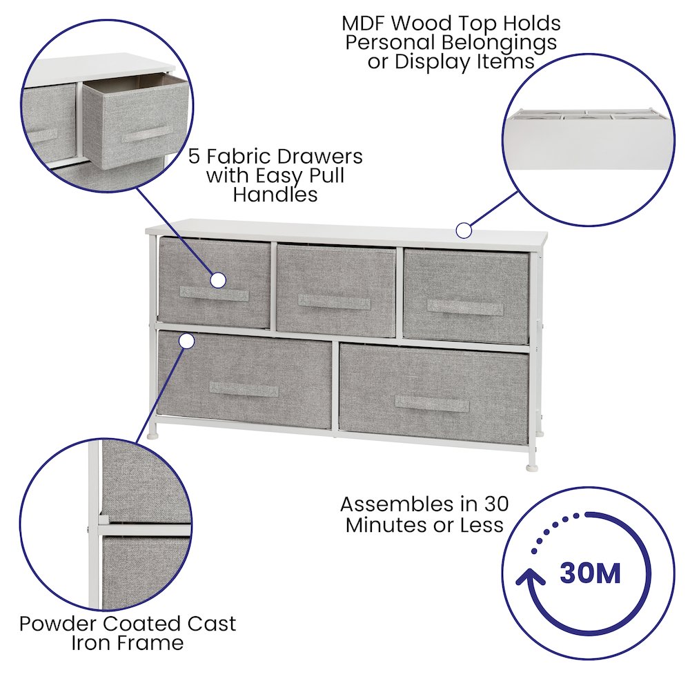 5 Drawer Wood Top WhiteFrame Vertical Storage Dresser with Light Gray Drawers. Picture 4