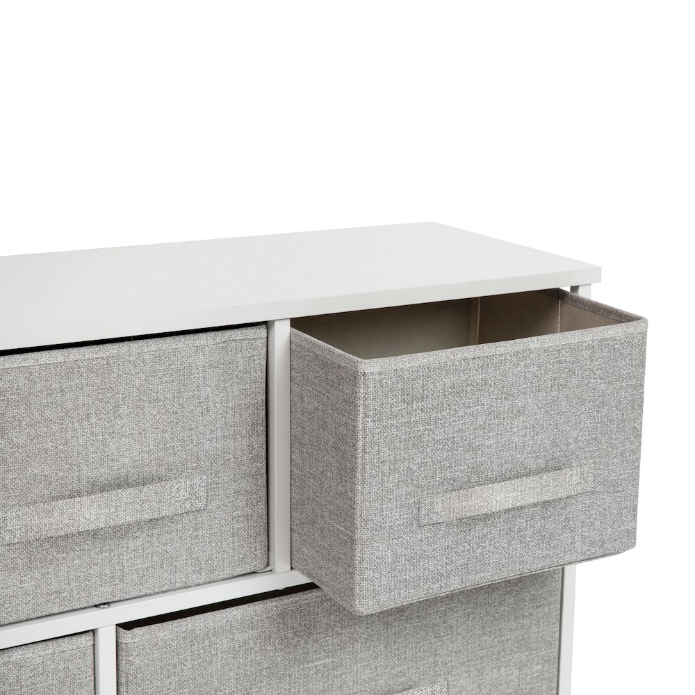 5 Drawer Wood Top WhiteFrame Vertical Storage Dresser with Light Gray Drawers. Picture 7