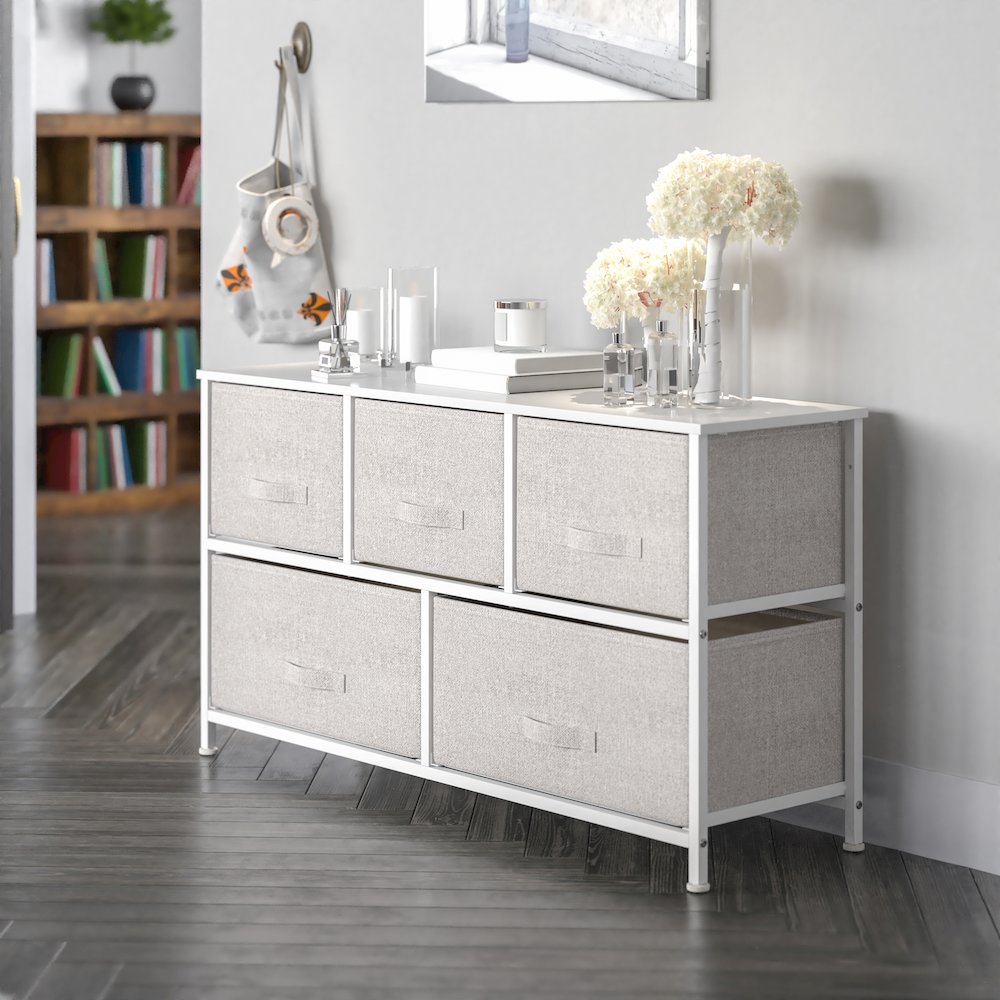 5 Drawer Wood Top WhiteFrame Vertical Storage Dresser with Light Gray Drawers. Picture 2